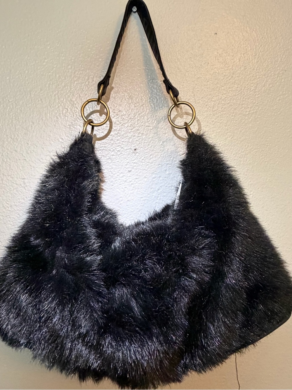 Black Faux Fur Hobo Shoulder Bag